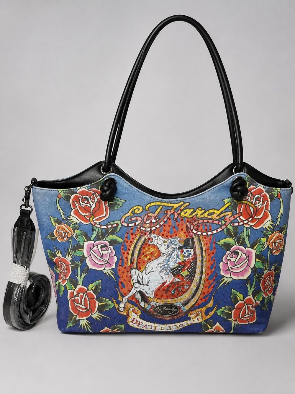 Ed Hardy Blue Floral Rhinestone Tote Bag Detachable Strap Black Straps